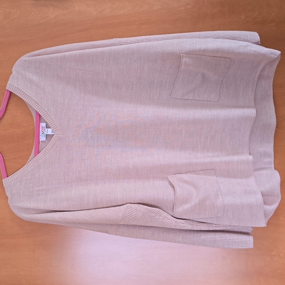 Beige Lightweight Denim & Co V-Neck Sweater with Pockets Petite XL